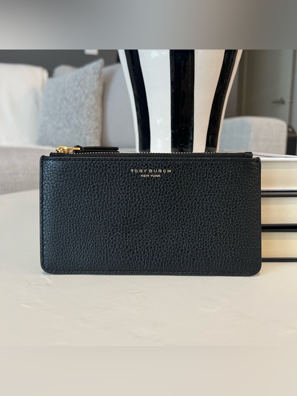 Tory Burch Black Pebbled Leather Zip Wallet